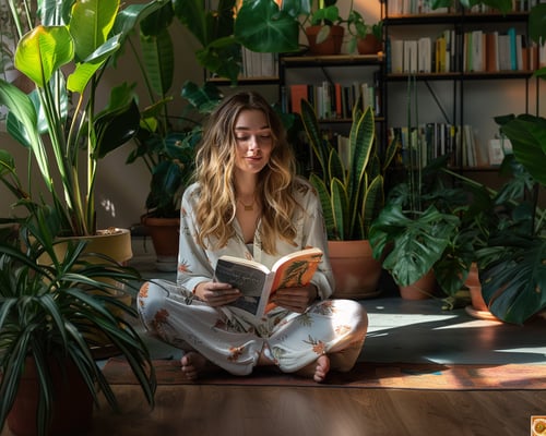 woman enjoying her novel around her plants